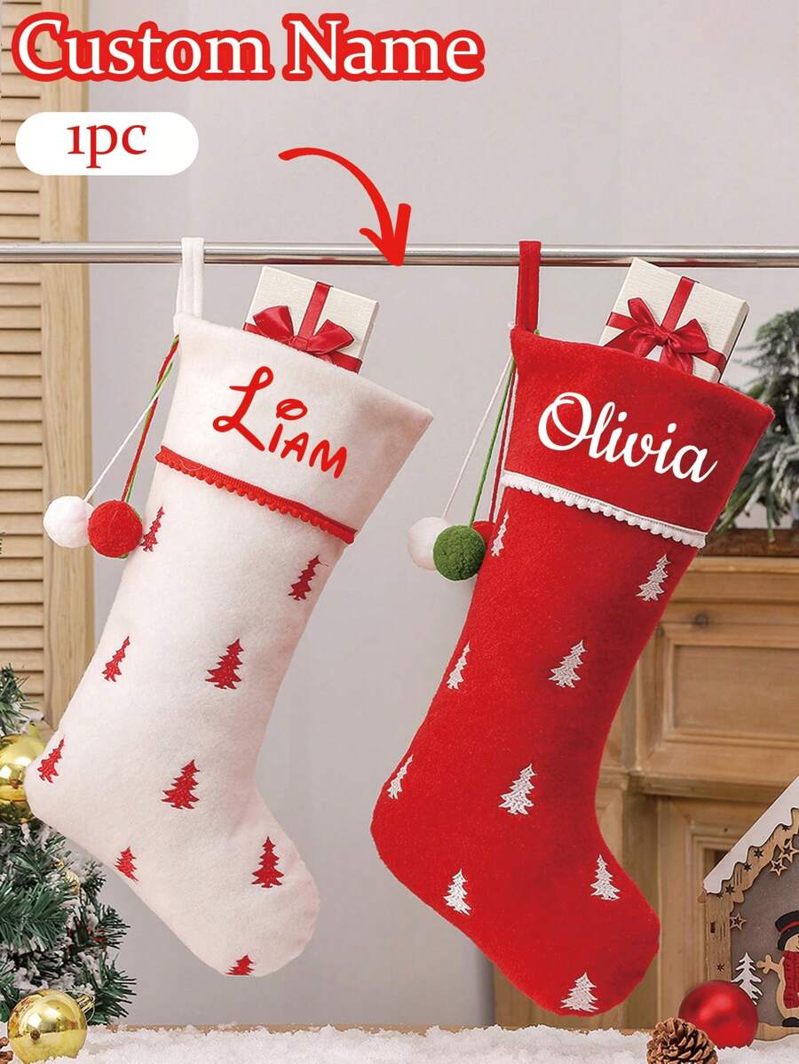 LICVIC 1 chiếc tất Giáng sinh 18 inch, in tên tùy chỉnh, màu đỏ trắng, hình cây thông Noel với quả cầu nhiều màu, tất treo lò sưởi in tên tùy chỉnh, trang trí tiệc Giáng sinh, trang trí Giáng sinh gia đình, lịch lễ hội. - phong cách 1 - Xem 1