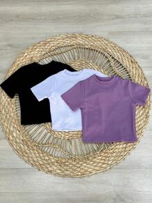 Kit 3 Cropped Short Sleeve AnaRuga Blouses - 黑-白-紫丁香 - 查看 1
