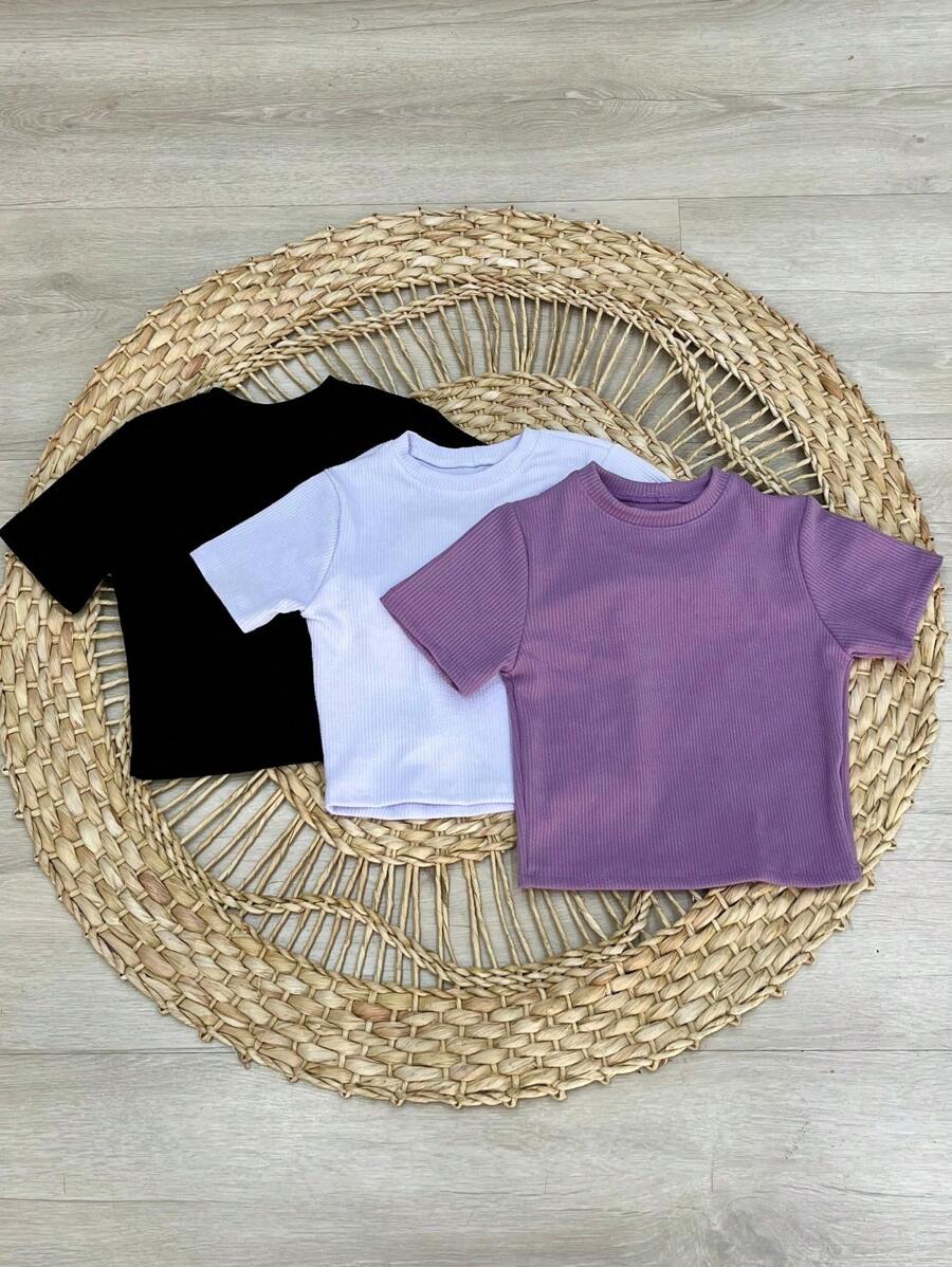 Kit 3 Cropped Short Sleeve AnaRuga Blouses - 黑-白-紫丁香 - 查看 1