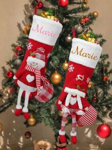 1 pièce Bas de Noël personnalisés avec nom - 18 grands bas de Noël rouges personnalisés avec nom pour la famille, bas de Noël brodés pour la famille, les garçons, les filles, les enfants et les amis pour la décoration de fête de Noël, chaussettes de Noël personnalisées avec flocon de neige