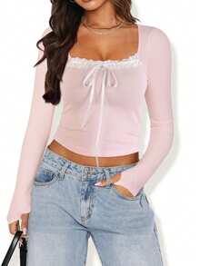 Contrast Lace V-Neck Low-Cut Fitted Pink Long Sleeve Top - Pink - View 4
