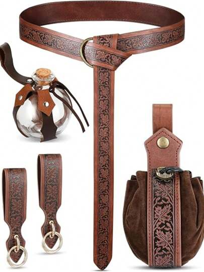 5PCS Medieval Renaissance Costume Accessories Faux Leather Embossed Belt Viking Skirt Buckle Wizard Potion Bottle Belt Pouch Skirt Hiking Set Halloween