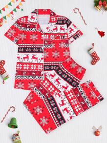 Bộ đồ ngủ in hình tuần lộc và bông tuyết Giáng sinh 2 món cho nữ, áo tay ngắn ve ve thoải mái và quần dài lưng chun, đồ ngủ dự tiệc ngày lễ, đồ mặc nhà trong nhà và ngoài trời thường ngày - Đỏ - Xem 1