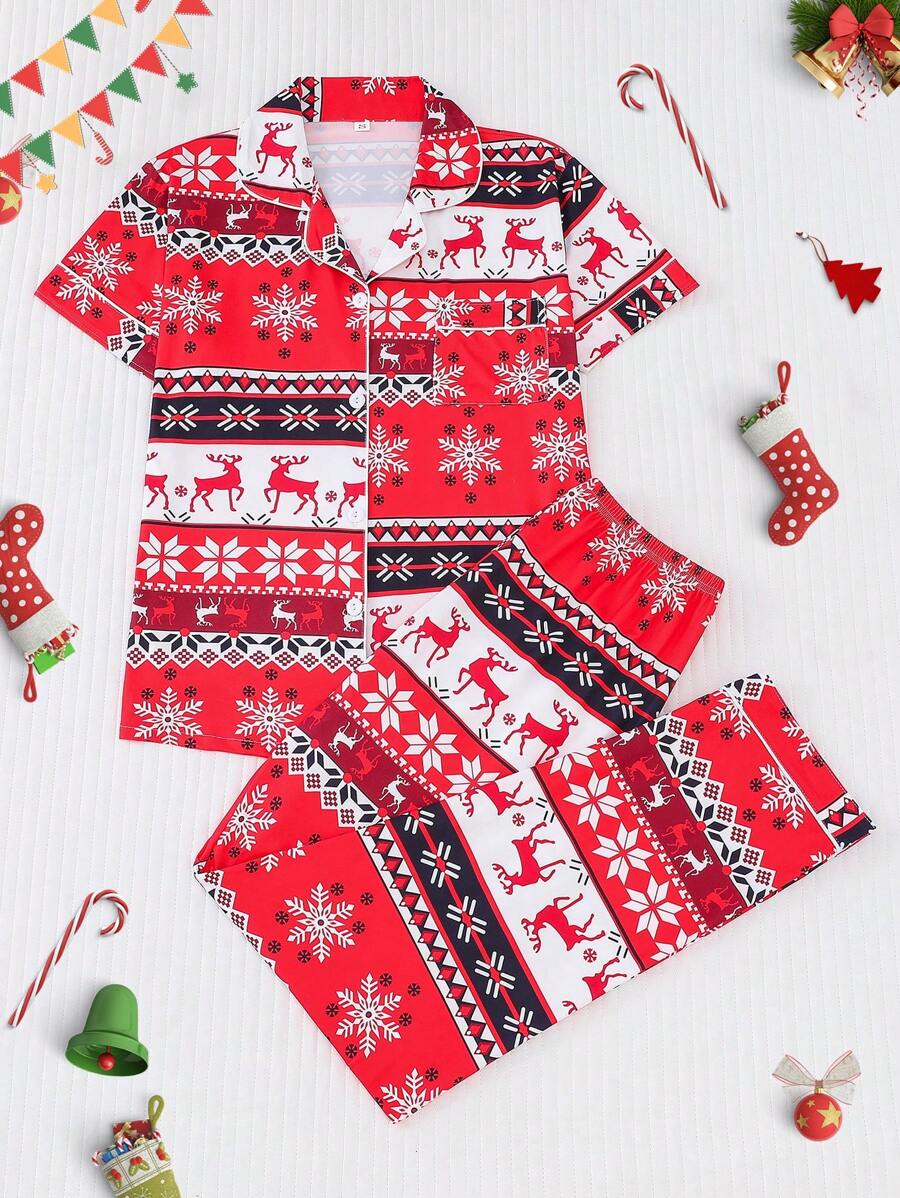 Bộ đồ ngủ in hình tuần lộc và bông tuyết Giáng sinh 2 món cho nữ, áo tay ngắn ve ve thoải mái và quần dài lưng chun, đồ ngủ dự tiệc ngày lễ, đồ mặc nhà trong nhà và ngoài trời thường ngày - Đỏ - Xem 1