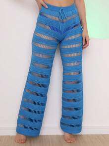 Women's Crochet Lace Pants Knit Beach Cover-Up Fashion - Màu xanh Cadet - Xem 2