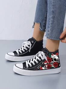 Unisex Basic High-Top Canvas Sneakers With Vulcanized Sole, Black & White