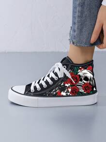 Unisex Basic High-Top Canvas Sneakers With Vulcanized Sole, Black & White