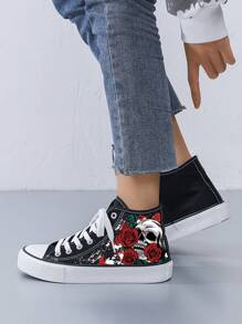 Unisex Basic High-Top Canvas Sneakers With Vulcanized Sole, Black & White