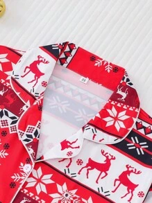 Bộ đồ ngủ in hình tuần lộc và bông tuyết Giáng sinh 2 món cho nữ, áo tay ngắn ve ve thoải mái và quần dài lưng chun, đồ ngủ dự tiệc ngày lễ, đồ mặc nhà trong nhà và ngoài trời thường ngày - Đỏ - Xem 3