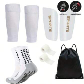 6 Pieces Football Accessory Combination Bag, Including Drawstring Bag, Classic Football Socks With Grey Sole, Knee Pads, Calf Sleeves, And Two Bandages, Providing Stronger Protection And Easy Portability
