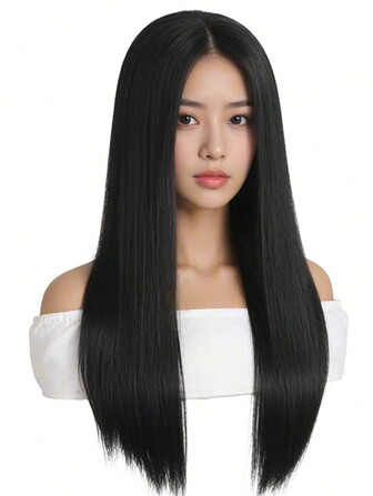 62 cm lång, rak peruk med lugg och elegant svart hår för kvinnor, lämplig för vardagsbruk och fest
