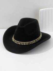 1pc Unisex Solid Color Felt Cowboy Hat, Paired With Gold Raindrop Teardrop Decoration Belt, Low-Key Luxurious British Style Retro Bohemian Punk Hat, Suitable For Parties, Western Themed Events, Gatherings, Engagement Parties, Cosplay, Graduation Ceremonies, Masquerade Balls, Festivals, Weddings, Birthdays, Music Festivals, Coming-Of-Age Ceremonies