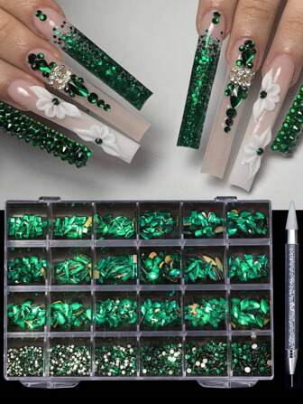Nail Art 24-Grid Deep Blue Rhinestone Decoration Set - Flat And Asymmetrical Shaped Nail Decorations DIY Nail Charms Nail Gems Nail Supplies