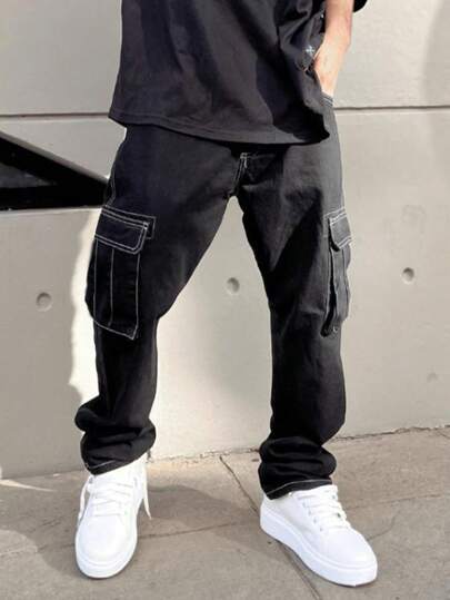 新款时尚工装裤，带可见缝线，直筒裤腿，男士户外休闲宽松长裤，街头风格，秋季