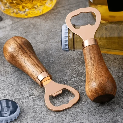 1/2pcs Beer Bottle Opener, Household Solid Wood Handle Rose Gold Creative Vertical Stainless Steel Bottle Opener, Household Bar Tools, Summer Wine Accessories