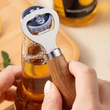 1/2pcs Beer Bottle Opener, Household Solid Wood Handle Rose Gold Creative Vertical Stainless Steel Bottle Opener, Household Bar Tools, Summer Wine Accessories