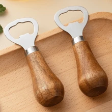 1/2pcs Beer Bottle Opener, Household Solid Wood Handle Rose Gold Creative Vertical Stainless Steel Bottle Opener, Household Bar Tools, Summer Wine Accessories