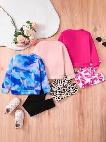 3pcs/Set Girls Fashion Minimalist Spring/Autumn Outfit, Including: Heart Print Crew Neck Long Sleeve Top, Elastic Waist Pants, Sunglasses & Portrait Print Leopard Pants, Blue Tie-Dye Heart Top & Straight Leg Pants, Comfortable & Versatile Casual Suit For Elementary School Students - Nhiều màu - Xem 2