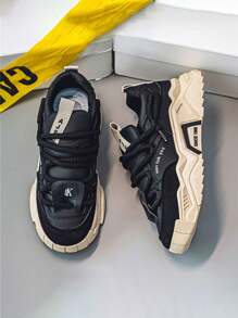 Viral Fashion Men's Casual High-End Leather Platform Sneakers, Autumn Sporty Running Thick Sole Chunky Sneakers - Black - View 5