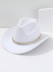 1pc Unisex Solid Color Felt Cowboy Hat, Paired With Gold Raindrop Teardrop Decoration Belt, Low-Key Luxurious British Style Retro Bohemian Punk Hat, Suitable For Parties, Western Themed Events, Gatherings, Engagement Parties, Cosplay, Graduation Ceremonies, Masquerade Balls, Festivals, Weddings, Birthdays, Music Festivals, Coming-Of-Age Ceremonies