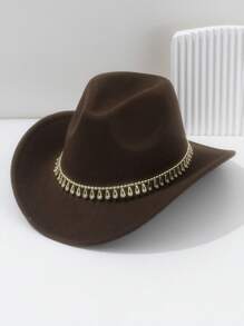 1pc Unisex Solid Color Felt Cowboy Hat, Paired With Gold Raindrop Teardrop Decoration Belt, Low-Key Luxurious British Style Retro Bohemian Punk Hat, Suitable For Parties, Western Themed Events, Gatherings, Engagement Parties, Cosplay, Graduation Ceremonies, Masquerade Balls, Festivals, Weddings, Birthdays, Music Festivals, Coming-Of-Age Ceremonies