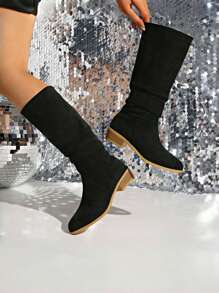 New Fashion Plus Size Women Mid-Calf Boots Casual Slip-On Chunky Heel Tall Boots For Ladies