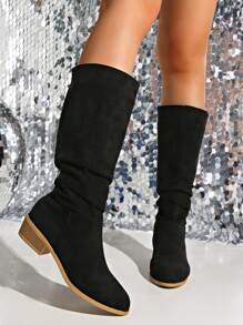New Fashion Plus Size Women Mid-Calf Boots Casual Slip-On Chunky Heel Tall Boots For Ladies