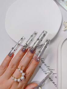 nailrosy 10 件手工按压指甲套装长棺材透明银色闪亮闪亮彩虹色奢华水钻装饰日式现代优雅简约韩国风格清新设计假指甲按压假指甲 - 銀色 - 查看 3