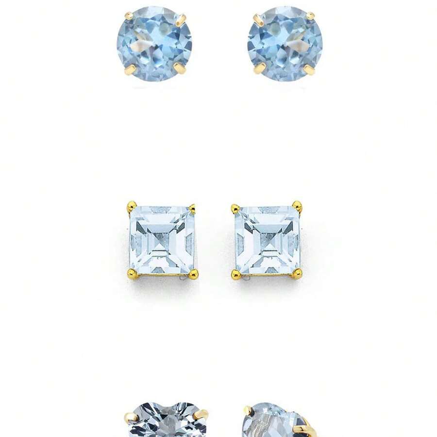 Paris Jewelry 18k Yellow Gold Plated 6mm Created Aquamarine 3 Pair Round Square And Heart Stud Earrings - 彩色 - 查看 1