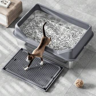 Enclosed Stainless Steel Cat Litter Box With Lid Extra Large Litter Box For Big Cats XL Metal Litter Pan Tray With High Wall Sides Enclosure, Non-Sticky, Anti-Leakage, Easy Cleaning