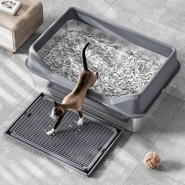 Caja de arena para gatos de acero inoxidable con tapa, extra grande, caja de arena para gatos grandes, bandeja de arena XL de metal con paredes altas, no se pega, anti fugas, fácil de limpiar