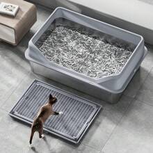 Eingeschlossene Edelstahl Katzentoilette mit Deckel extra große Katzentoilette für große Katzen XL Metallsteintablett mit hohen Seitenwänden, nicht klebrig, auslaufsicher, leicht zu reinigen