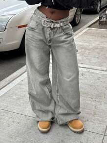 MYOURSA Y2K 高腰宽松阔腿水洗复古牛仔裤，女士休闲街头风，浅灰色