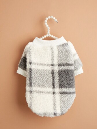 1 件浅色格子羊毛运动衫，适合猫和狗的温暖宠物衣服，秋冬季