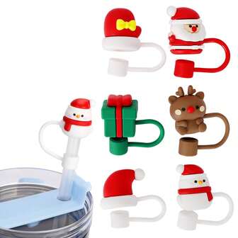 6 件圣诞吸管盖，软塑料 8-10 毫米吸管盖，可爱卡通派对吸管装饰盖，防尘盖，杯子装饰，圣诞装饰，送给朋友、家人的礼物