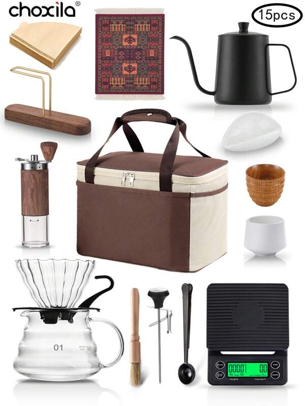 choxila Ensemble de cafetières artisanales 15/12/8/5 pièces avec sac de rangement, coffret cadeau de voyage portable, comprenant un moulin à café en bois, une cafetière, un filtre à café, 40 filtres en papier V01, un porte-filtre, une cafetière artisanale, une balance électronique, une cuillère doseuse à café, une brosse de nettoyage, un thermomètre et un tapis à café. Retour à l'école