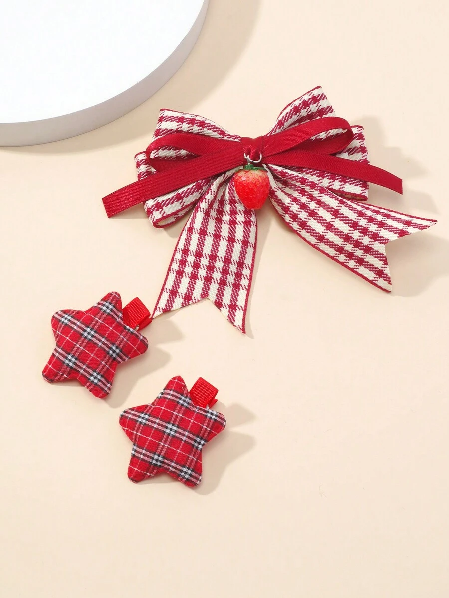 3 件圣诞蝴蝶结发夹、草莓和樱桃侧刘海发夹 - 彩色 - 查看 1