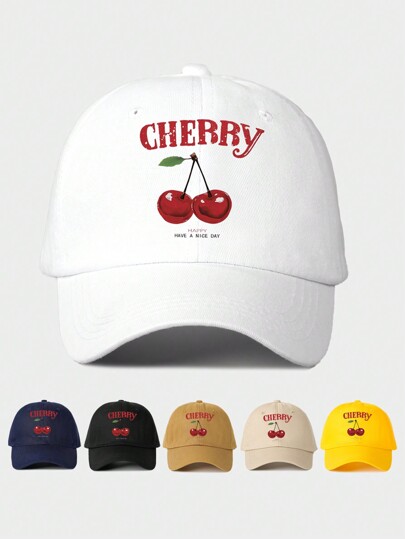1pc Boné de beisebol ajustável feminino/masculino com estampa de cereja, chapéu casual para atividades ao ar livre com proteção UV, adequado para primavera, outono, viagens, praia, estilo Y2K, dia dos namorados