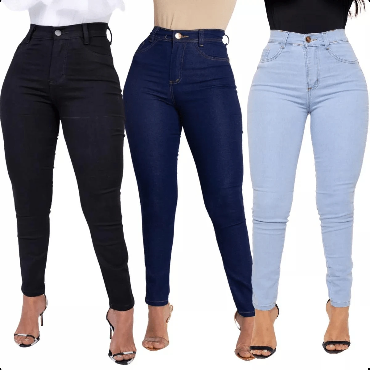 Kit 3 Women's Jeans Skinny Premium Lycra Stretches A Lot High Waist Elastane Lifts - 彩色 - 查看 1