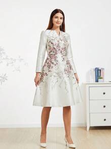 Vestido de cóctel de mujer con tejido jacquard elegante (estampado aleatorio), vestido de cóctel de manga larga para fiesta, graduación, cena, baile de graduación