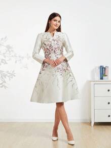 Vestido de cóctel de mujer con tejido jacquard elegante (estampado aleatorio), vestido de cóctel de manga larga para fiesta, graduación, cena, baile de graduación