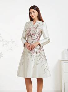 Vestido de cóctel de mujer con tejido jacquard elegante (estampado aleatorio), vestido de cóctel de manga larga para fiesta, graduación, cena, baile de graduación