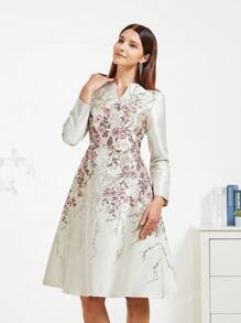 Vestido de cóctel de mujer con tejido jacquard elegante (estampado aleatorio), vestido de cóctel de manga larga para fiesta, graduación, cena, baile de graduación