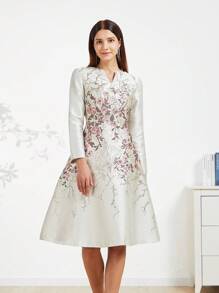 Vestido de cóctel de mujer con tejido jacquard elegante (estampado aleatorio), vestido de cóctel de manga larga para fiesta, graduación, cena, baile de graduación