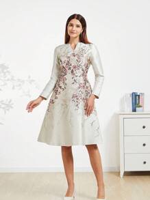 Vestido de cóctel de mujer con tejido jacquard elegante (estampado aleatorio), vestido de cóctel de manga larga para fiesta, graduación, cena, baile de graduación