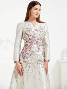 Vestido de cóctel de mujer con tejido jacquard elegante (estampado aleatorio), vestido de cóctel de manga larga para fiesta, graduación, cena, baile de graduación