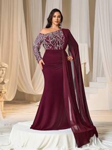 Faeriesty Plus rochie formala cu paiete contrastante cu maneca despicata cu decolteu asimetric, rochie de seara de bal eleganta cu maneca lunga, pentru invitata la nunta, absolvire, cina - Burgundia - Vizualizare 5