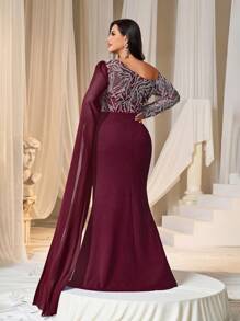 Faeriesty Plus rochie formala cu paiete contrastante cu maneca despicata cu decolteu asimetric, rochie de seara de bal eleganta cu maneca lunga, pentru invitata la nunta, absolvire, cina - Burgundia - Vizualizare 2