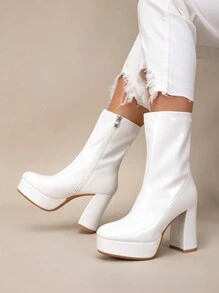 Giày bốt cao đến giữa bắp chân bằng da giả màu trắng thời trang, khóa kéo bên hông tối giản, đế dày và gót dày, cổ chân co giãn, đế chống thấm nước, giày bốt cao gót mùa đông cho nữ - trắng - Xem 1