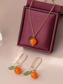 1 bộ/2 bộ trang sức hình quả bưởi thời trang, hoa tai và vòng cổ, thiết kế thời trang, phù hợp để phụ nữ đeo hàng ngày - Bông tai vòng cổ màu cam - Xem 6